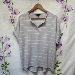 Banana Republic Gray And White Striped V Neck Cuffed Short Sleeve Loose T Shirt